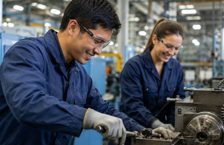 Ausländische Arbeitskräfte arbeiten in guter Stimmung